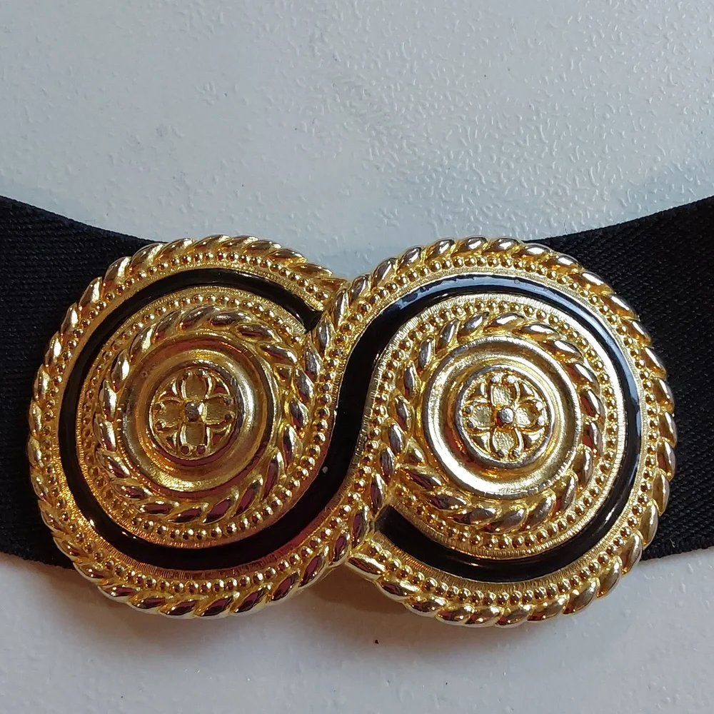 Day-Lor Black Elastic Stretch Belt with Gold Decorative Statement Buckle Gorg! L